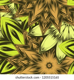 Seamless floral background. Tracery handmade nature ethnic fabric backdrop pattern with flowers. Textile design texture. Decorative color art. Vector
