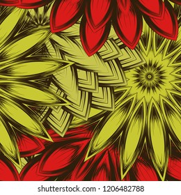 Seamless floral background. Tracery handmade nature ethnic fabric backdrop pattern with flowers. Textile design texture. Decorative color art. Vector