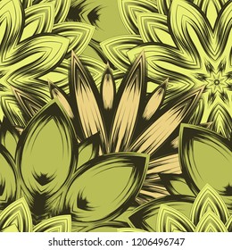 Seamless floral background. Tracery handmade nature ethnic fabric backdrop pattern with flowers. Textile design texture. Decorative color art. Vector