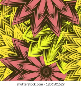Seamless floral background. Tracery handmade nature ethnic fabric backdrop pattern with flowers. Textile design texture. Decorative color art. Vector