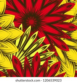 Seamless floral background. Tracery handmade nature ethnic fabric backdrop pattern with flowers. Textile design texture. Decorative color art. Vector