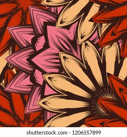 Seamless floral background. Tracery handmade nature ethnic fabric backdrop pattern with flowers. Textile design texture. Decorative color art. Vector