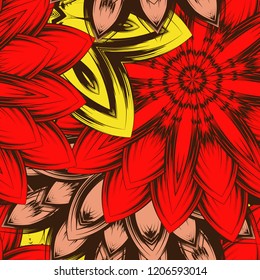 Seamless floral background. Tracery handmade nature ethnic fabric backdrop pattern with flowers. Textile design texture. Decorative color art. Vector