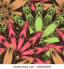 Seamless floral background. Tracery handmade nature ethnic fabric backdrop pattern with flowers. Textile design texture. Decorative color art. Vector