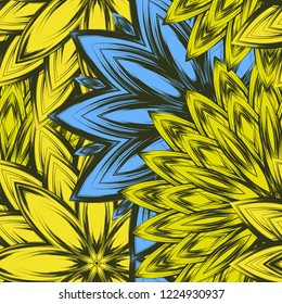 Seamless floral background. Tracery handmade nature ethnic fabric backdrop pattern with flowers. Textile design texture. Decorative color art. Vector