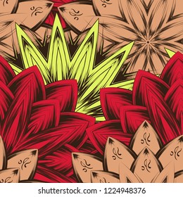 Seamless floral background. Tracery handmade nature ethnic fabric backdrop pattern with flowers. Textile design texture. Decorative color art. Vector