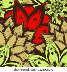 Seamless floral background. Tracery handmade nature ethnic fabric backdrop pattern with flowers. Textile design texture. Decorative color art. Vector