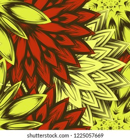 Seamless floral background. Tracery handmade nature ethnic fabric backdrop pattern with flowers. Textile design texture. Decorative color art. Vector