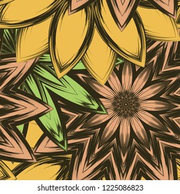 Seamless floral background. Tracery handmade nature ethnic fabric backdrop pattern with flowers. Textile design texture. Decorative color art. Vector