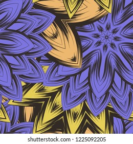 Seamless floral background. Tracery handmade nature ethnic fabric backdrop pattern with flowers. Textile design texture. Decorative color art. Vector