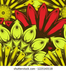 Seamless floral background. Tracery handmade nature ethnic fabric backdrop pattern with flowers. Textile design texture. Decorative color art. Vector