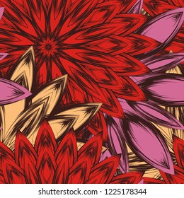 Seamless floral background. Tracery handmade nature ethnic fabric backdrop pattern with flowers. Textile design texture. Decorative color art. Vector