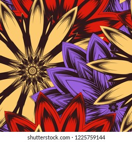 Seamless floral background. Tracery handmade nature ethnic fabric backdrop pattern with flowers. Textile design texture. Decorative color art. Vector
