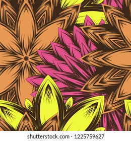 Seamless floral background. Tracery handmade nature ethnic fabric backdrop pattern with flowers. Textile design texture. Decorative color art. Vector