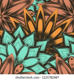 Seamless floral background. Tracery handmade nature ethnic fabric backdrop pattern with flowers. Textile design texture. Decorative color art. Vector