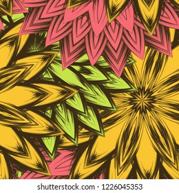 Seamless floral background. Tracery handmade nature ethnic fabric backdrop pattern with flowers. Textile design texture. Decorative color art. Vector