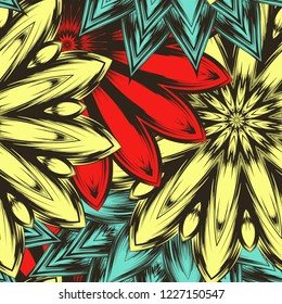 Seamless floral background. Tracery handmade nature ethnic fabric backdrop pattern with flowers. Textile design texture. Decorative color art. Vector