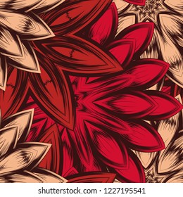 Seamless floral background. Tracery handmade nature ethnic fabric backdrop pattern with flowers. Textile design texture. Decorative color art. Vector