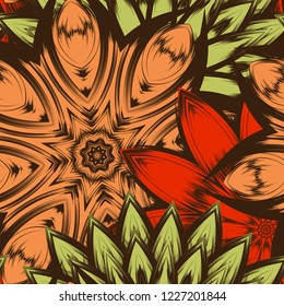 Seamless floral background. Tracery handmade nature ethnic fabric backdrop pattern with flowers. Textile design texture. Decorative color art. Vector