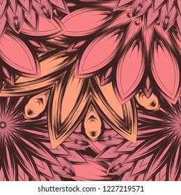 Seamless floral background. Tracery handmade nature ethnic fabric backdrop pattern with flowers. Textile design texture. Decorative color art. Vector