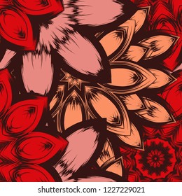 Seamless floral background. Tracery handmade nature ethnic fabric backdrop pattern with flowers. Textile design texture. Decorative color art. Vector