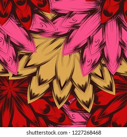 Seamless floral background. Tracery handmade nature ethnic fabric backdrop pattern with flowers. Textile design texture. Decorative color art. Vector