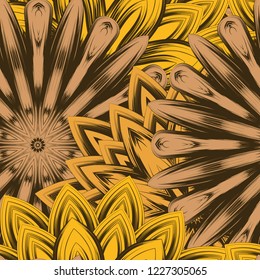 Seamless floral background. Tracery handmade nature ethnic fabric backdrop pattern with flowers. Textile design texture. Decorative color art. Vector