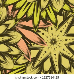 Seamless floral background. Tracery handmade nature ethnic fabric backdrop pattern with flowers. Textile design texture. Decorative color art. Vector