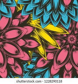 Seamless floral background. Tracery handmade nature ethnic fabric backdrop pattern with flowers. Textile design texture. Decorative color art. Vector