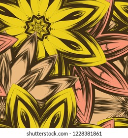 Seamless floral background. Tracery handmade nature ethnic fabric backdrop pattern with flowers. Textile design texture. Decorative color art. Vector