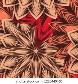 Seamless floral background. Tracery handmade nature ethnic fabric backdrop pattern with flowers. Textile design texture. Decorative color art. Vector