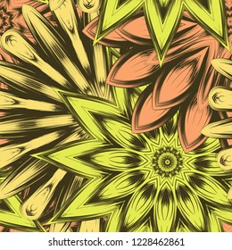 Seamless floral background. Tracery handmade nature ethnic fabric backdrop pattern with flowers. Textile design texture. Decorative color art. Vector