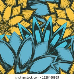 Seamless floral background. Tracery handmade nature ethnic fabric backdrop pattern with flowers. Textile design texture. Decorative color art. Vector