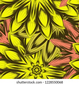Seamless floral background. Tracery handmade nature ethnic fabric backdrop pattern with flowers. Textile design texture. Decorative color art. Vector