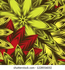 Seamless floral background. Tracery handmade nature ethnic fabric backdrop pattern with flowers. Textile design texture. Decorative color art. Vector