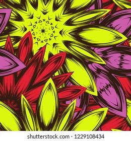 Seamless floral background. Tracery handmade nature ethnic fabric backdrop pattern with flowers. Textile design texture. Decorative color art. Vector