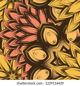 Seamless floral background. Tracery handmade nature ethnic fabric backdrop pattern with flowers. Textile design texture. Decorative color art. Vector