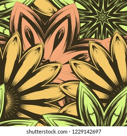 Seamless floral background. Tracery handmade nature ethnic fabric backdrop pattern with flowers. Textile design texture. Decorative color art. Vector