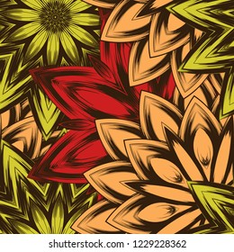 Seamless floral background. Tracery handmade nature ethnic fabric backdrop pattern with flowers. Textile design texture. Decorative color art. Vector