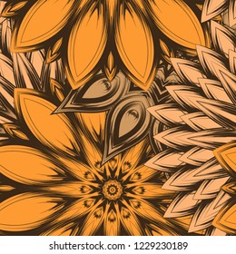Seamless floral background. Tracery handmade nature ethnic fabric backdrop pattern with flowers. Textile design texture. Decorative color art. Vector