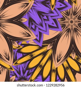 Seamless floral background. Tracery handmade nature ethnic fabric backdrop pattern with flowers. Textile design texture. Decorative color art. Vector