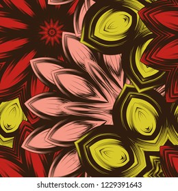 Seamless floral background. Tracery handmade nature ethnic fabric backdrop pattern with flowers. Textile design texture. Decorative color art. Vector
