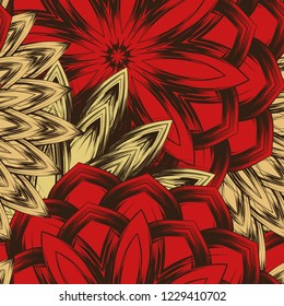 Seamless floral background. Tracery handmade nature ethnic fabric backdrop pattern with flowers. Textile design texture. Decorative color art. Vector