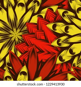 Seamless floral background. Tracery handmade nature ethnic fabric backdrop pattern with flowers. Textile design texture. Decorative color art. Vector