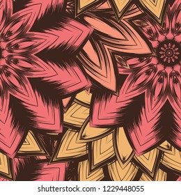 Seamless floral background. Tracery handmade nature ethnic fabric backdrop pattern with flowers. Textile design texture. Decorative color art. Vector