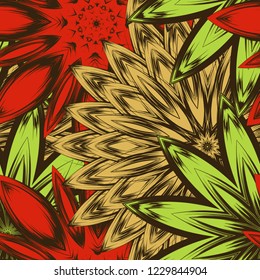 Seamless floral background. Tracery handmade nature ethnic fabric backdrop pattern with flowers. Textile design texture. Decorative color art. Vector
