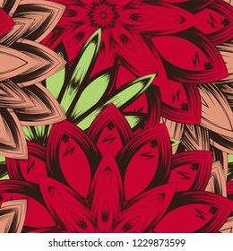 Seamless floral background. Tracery handmade nature ethnic fabric backdrop pattern with flowers. Textile design texture. Decorative color art. Vector