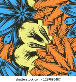 Seamless floral background. Tracery handmade nature ethnic fabric backdrop pattern with flowers. Textile design texture. Decorative color art. Vector