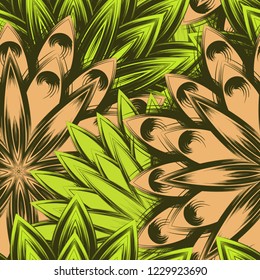 Seamless floral background. Tracery handmade nature ethnic fabric backdrop pattern with flowers. Textile design texture. Decorative color art. Vector