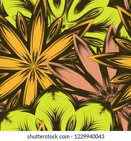 Seamless floral background. Tracery handmade nature ethnic fabric backdrop pattern with flowers. Textile design texture. Decorative color art. Vector